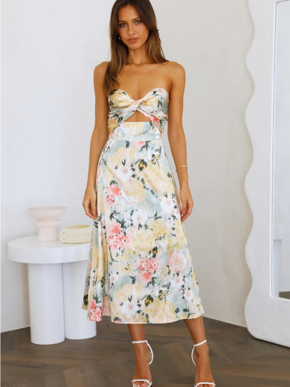 Hello Molly Pastel Floral Twist-Front Midi Dress in Yellow, Pink & Blue